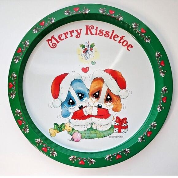 Sad Sam & Honey Christmas Tin Tray Giordano 1988 Merry Kissletoe Puppy Love Dogs - Picture 1 of 8